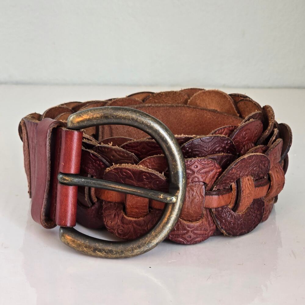 Vintage Fossil Leather Belt Chain Woven Western Tooled Brown Burgundy Cowgirl